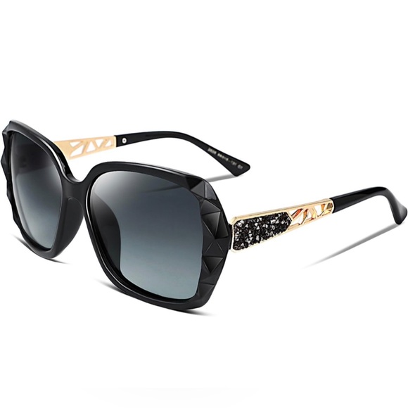 Feisedy B2289 Polarized Women's Black Square Sparkling Frame Sunglasses & Case - Picture 1 of 9